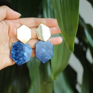 Gold & Blue Marble Geometric Dangle Earrings